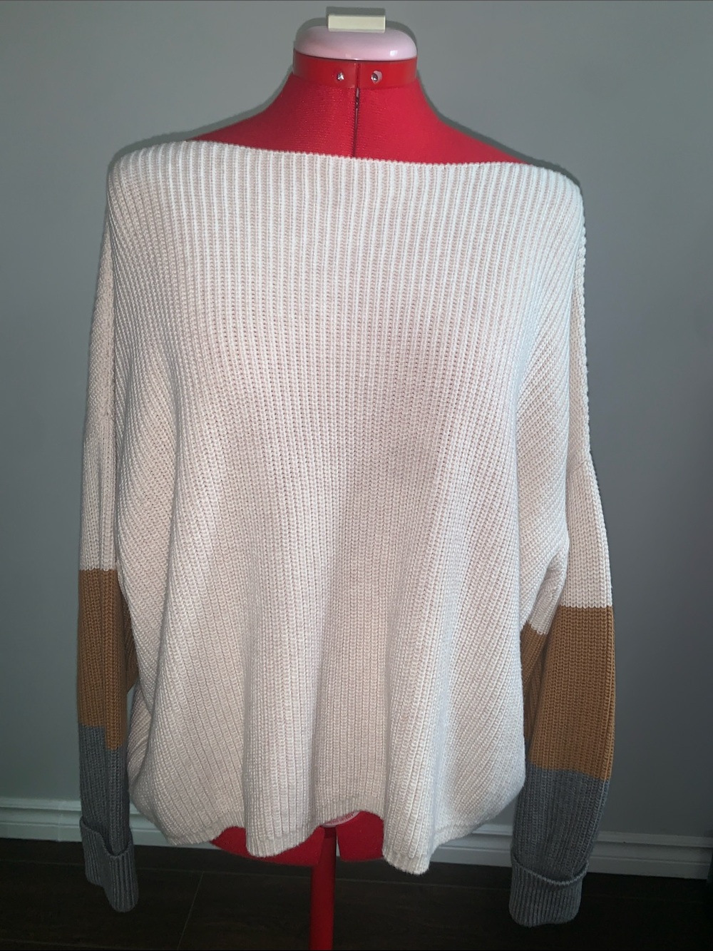 French Connection Cream Off-the-Shoulder Sweater with Brown & Gray Sleeves